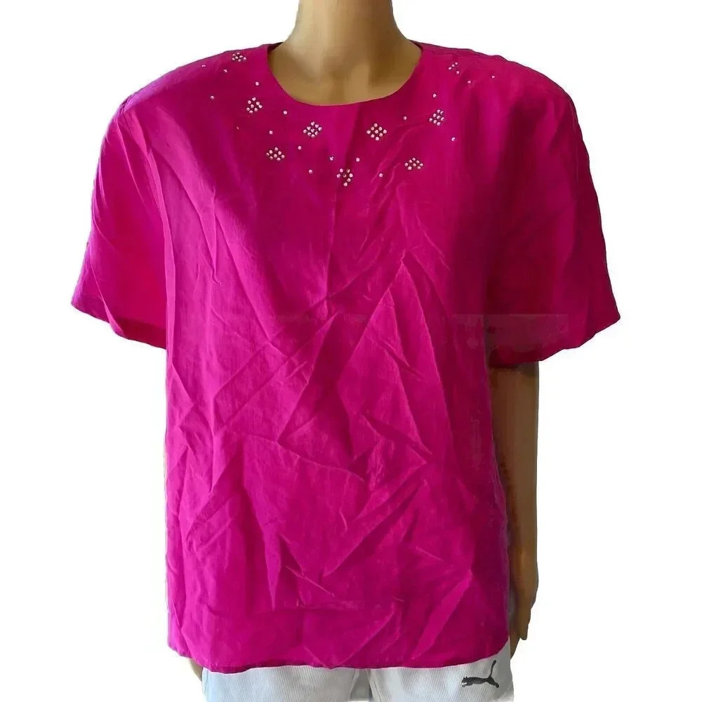 VTG ONI WEAR Silk Blouse Short Sleeve Shirt Hot Pink Women's XL Barbiecore New